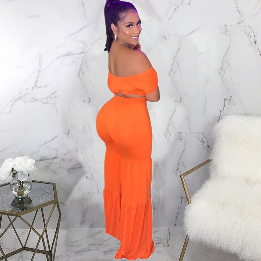 Matching Solid Color Off Shoulder Crop Top and Loose Pants Set