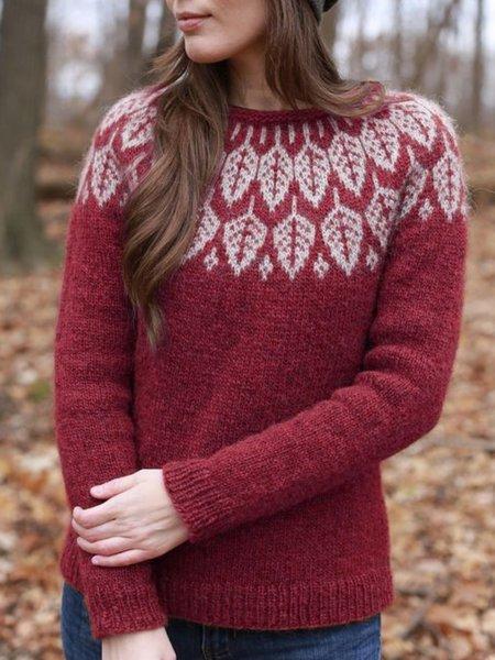Leaf Printed Crew Neck Long Sleeve Sweaters