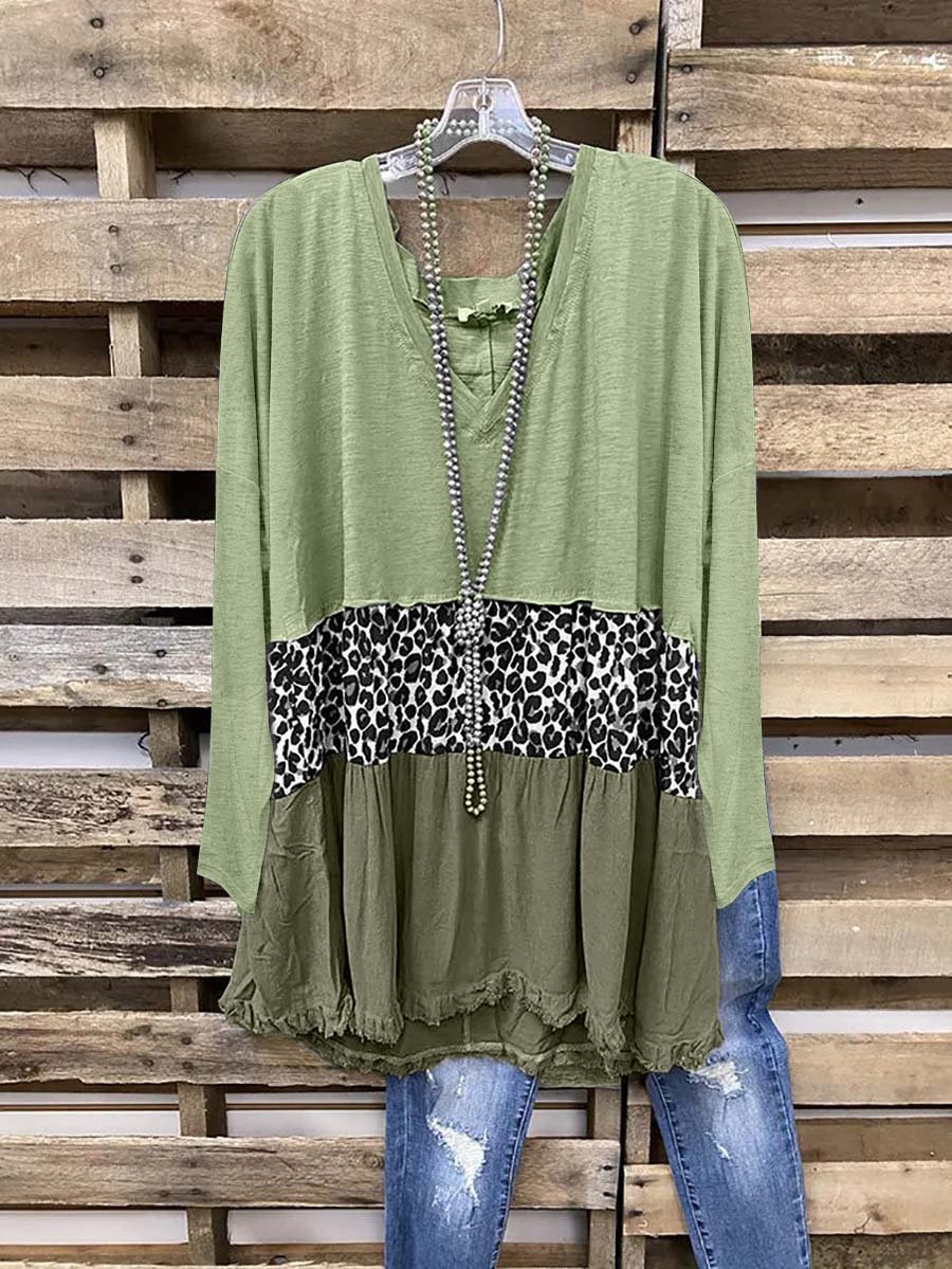 Leopard Long Sleeve V Neck Shirt & Top