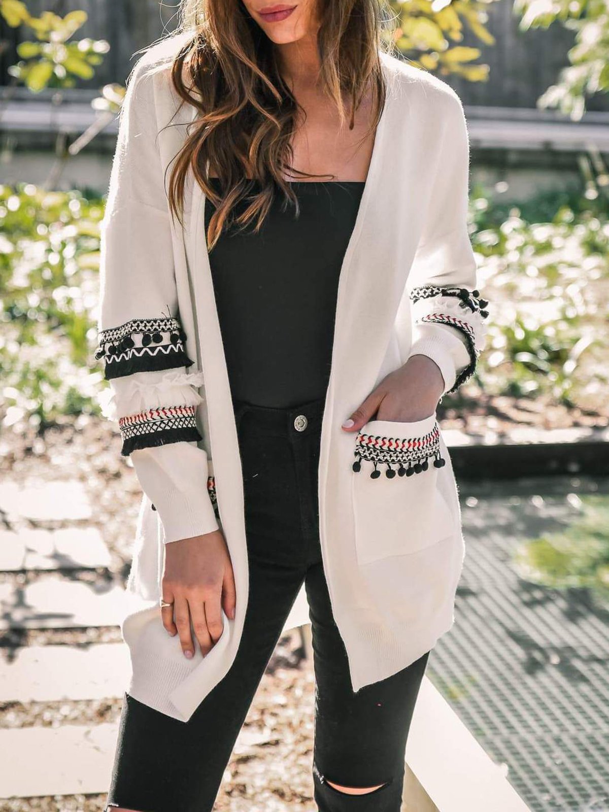 Solid Knitted Long Sleeve Intarsia Pockets Cardigan