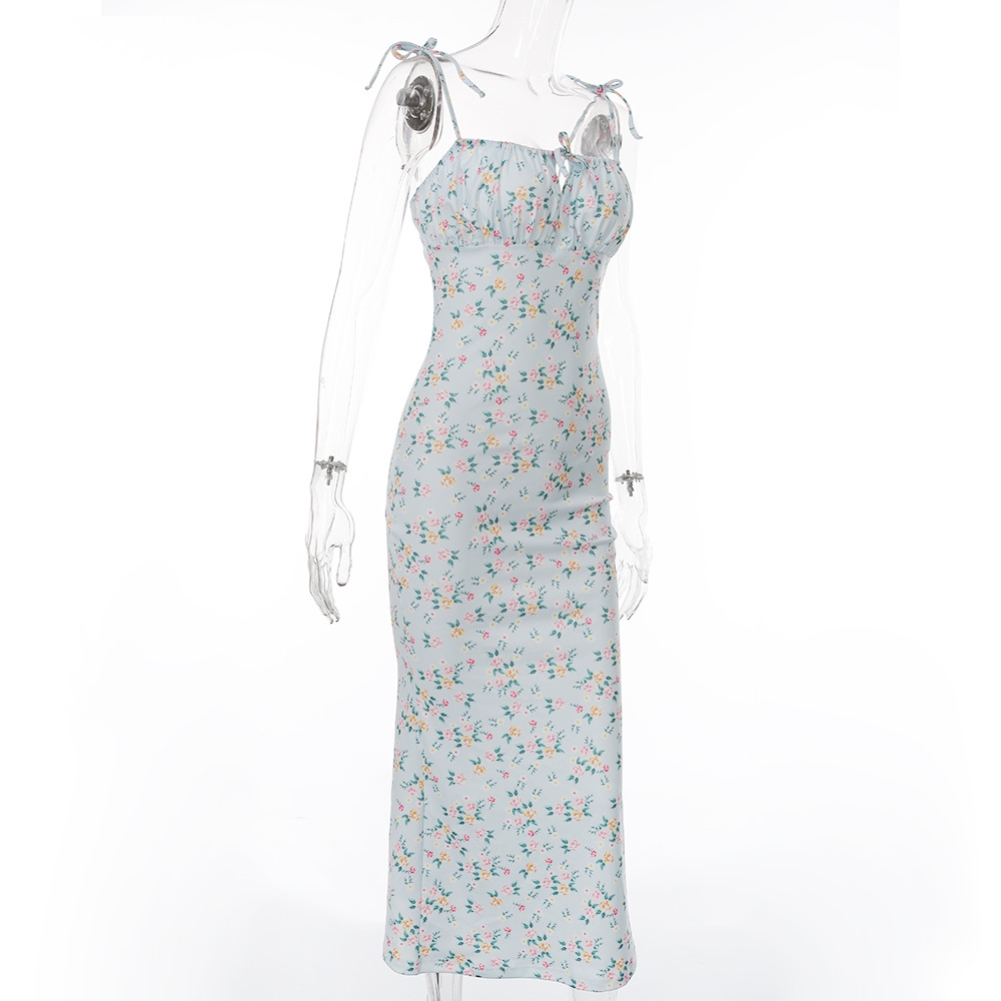 Summer Floral Blue Strap Long Elegant Dress