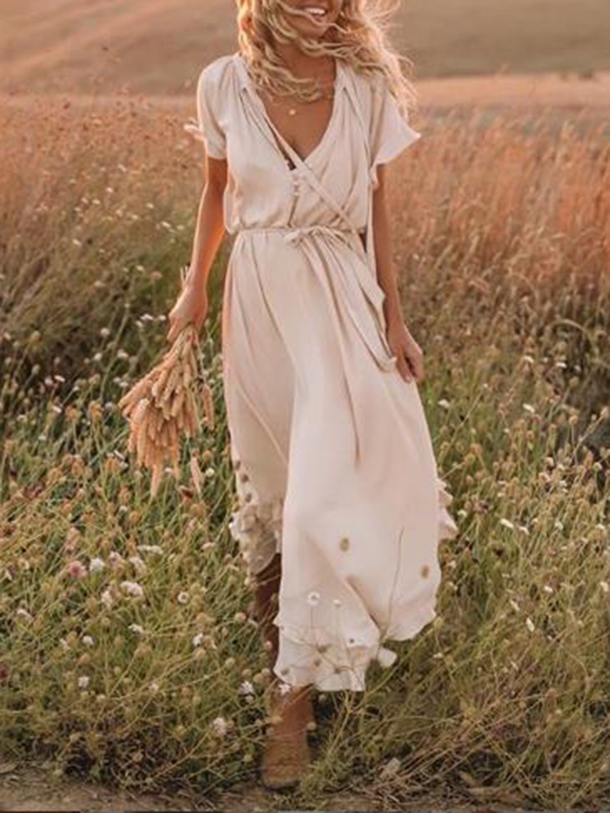 Beige Frill Sleeve Women Summer Maxi Dresses