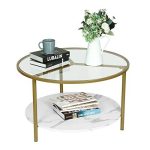 Modern Round Coffee Table Tempered Glass Accent w/ Unique Gold Metal Frame