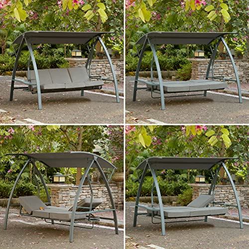 3 Person Patio Swinging Bench with Adjustable Canopy & Weather Resistant Steel Frame