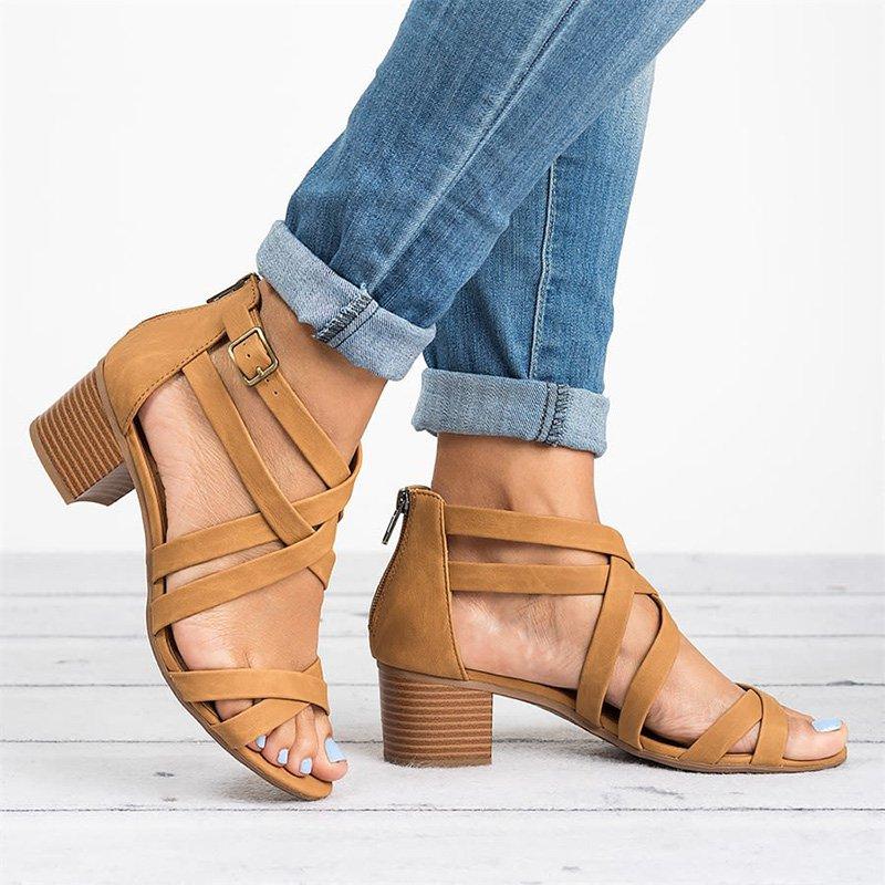 Women Fashion Criss Cross Strap Block Heel Casual Sandals