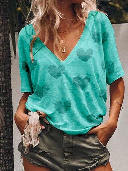 Women Summer Casula Loose V neck Polka Dots T Shirt Tops