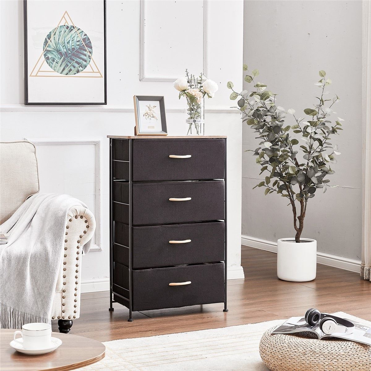 4 Drawer Bedside Table Storage Tower Fabric Dresser Cabinet Organizer