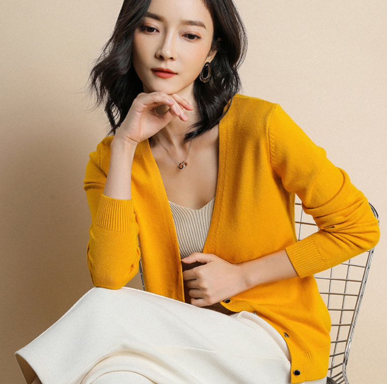 款针织开衫女短款外搭春秋长袖V领修身针织毛衣女外套2020女装新