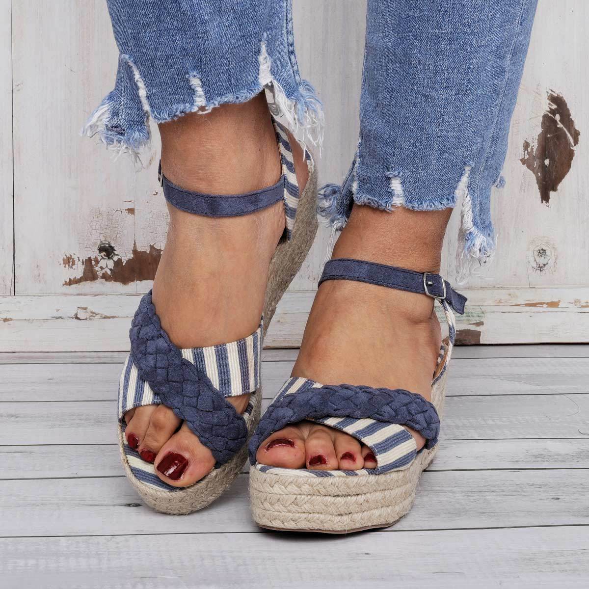 Stripes Espadrilles Sandals Buckle Strap Wedge Sandals