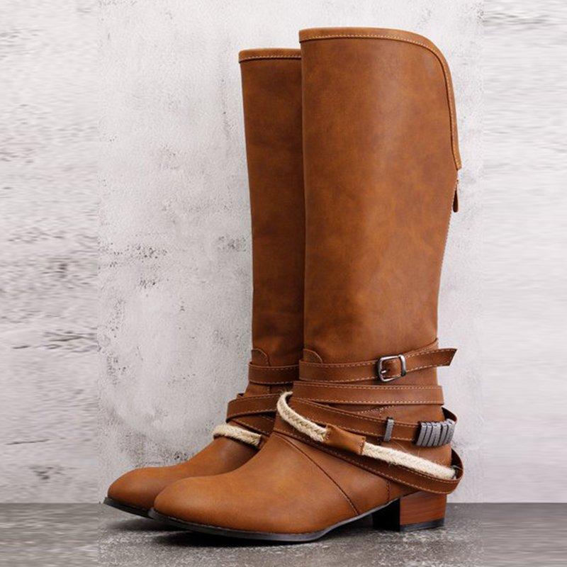 Vintage Adjustable Buckle Boots Plus Size Back Zipper Boots