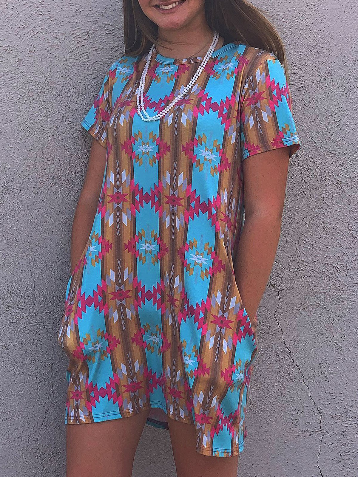 Crew Neck Short Sleeve Geometric Printed Dresses