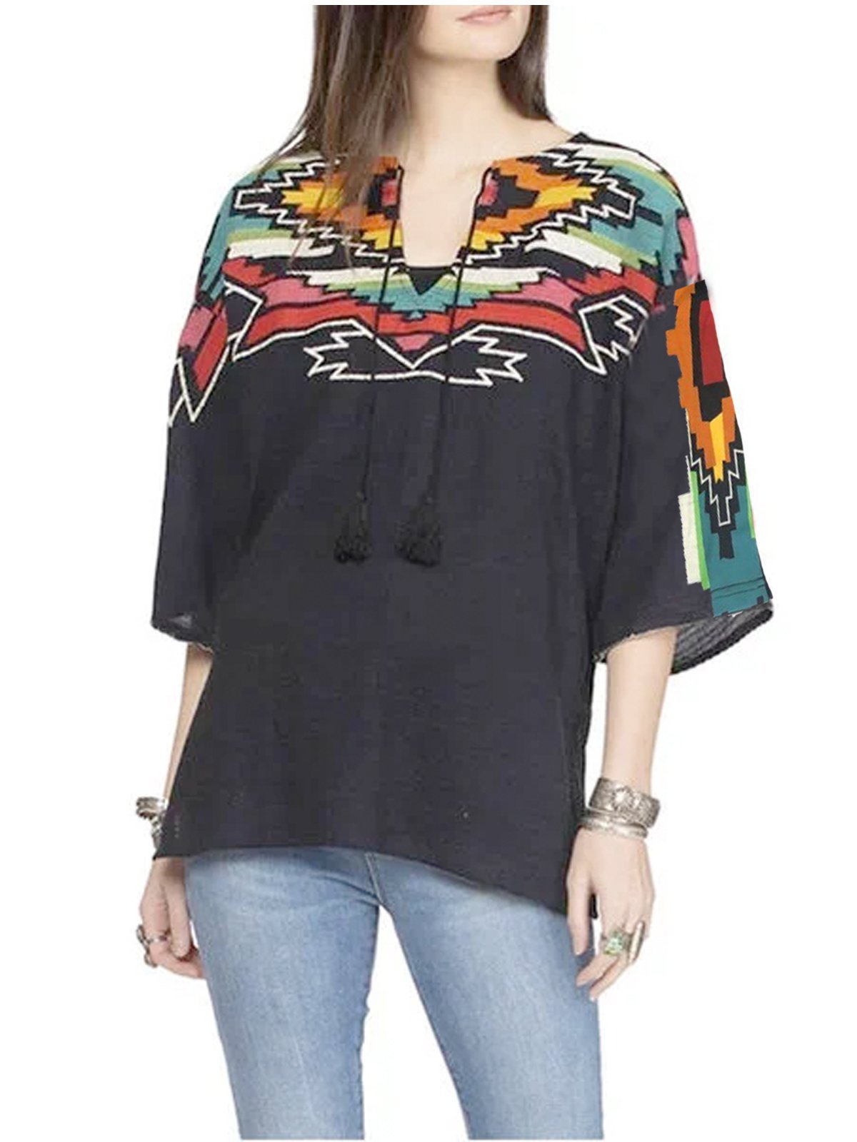 Black Jersey V Neck Vintage Shift Shirts & Tops