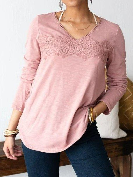 Cotton-Blend Paneled Floral Long Sleeve Shirts & Tops