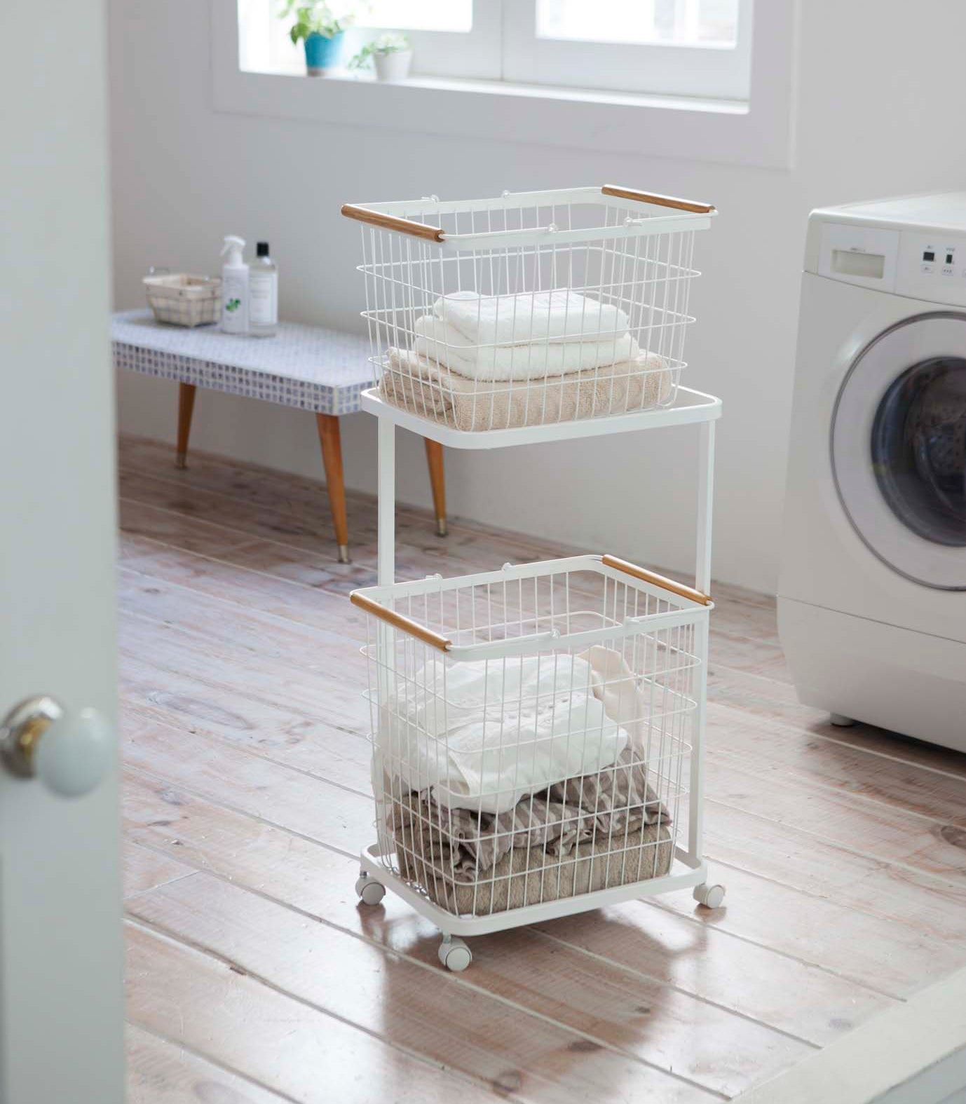 Rolling Laundry Cart + Wire Baskets – Steel + Wood