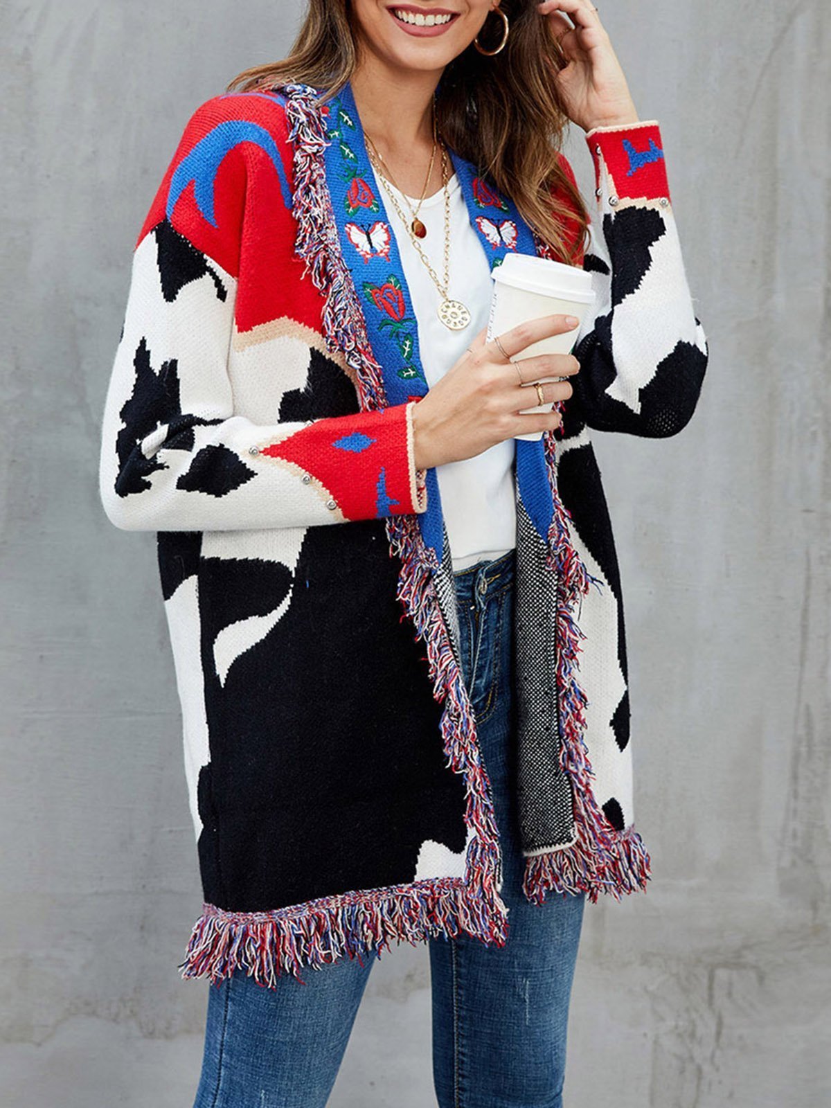 Red Shawl Collar Fringed Embroidered Cardigan