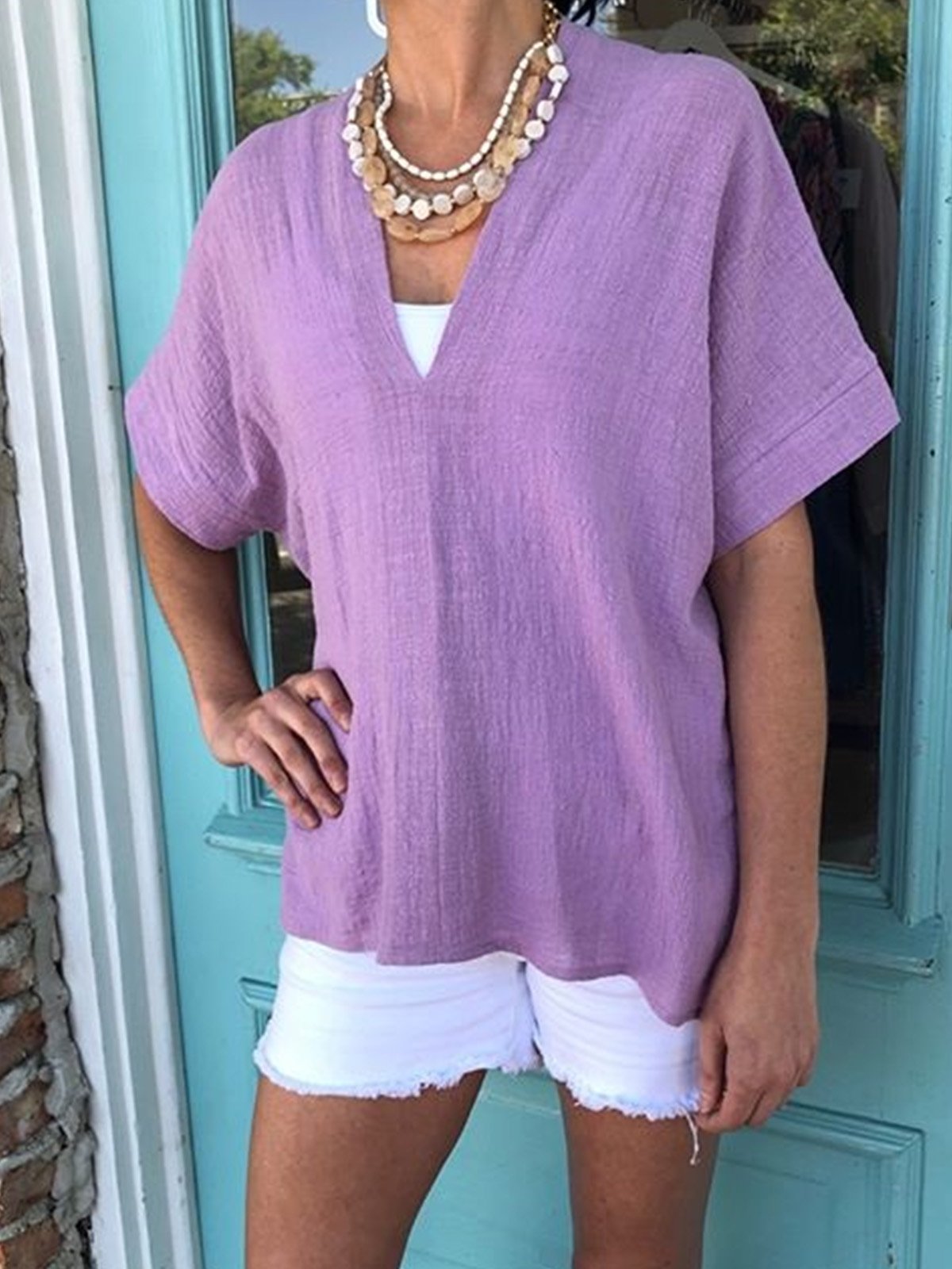 Women Casual V Neck Tops Tunic Blouse Shirt