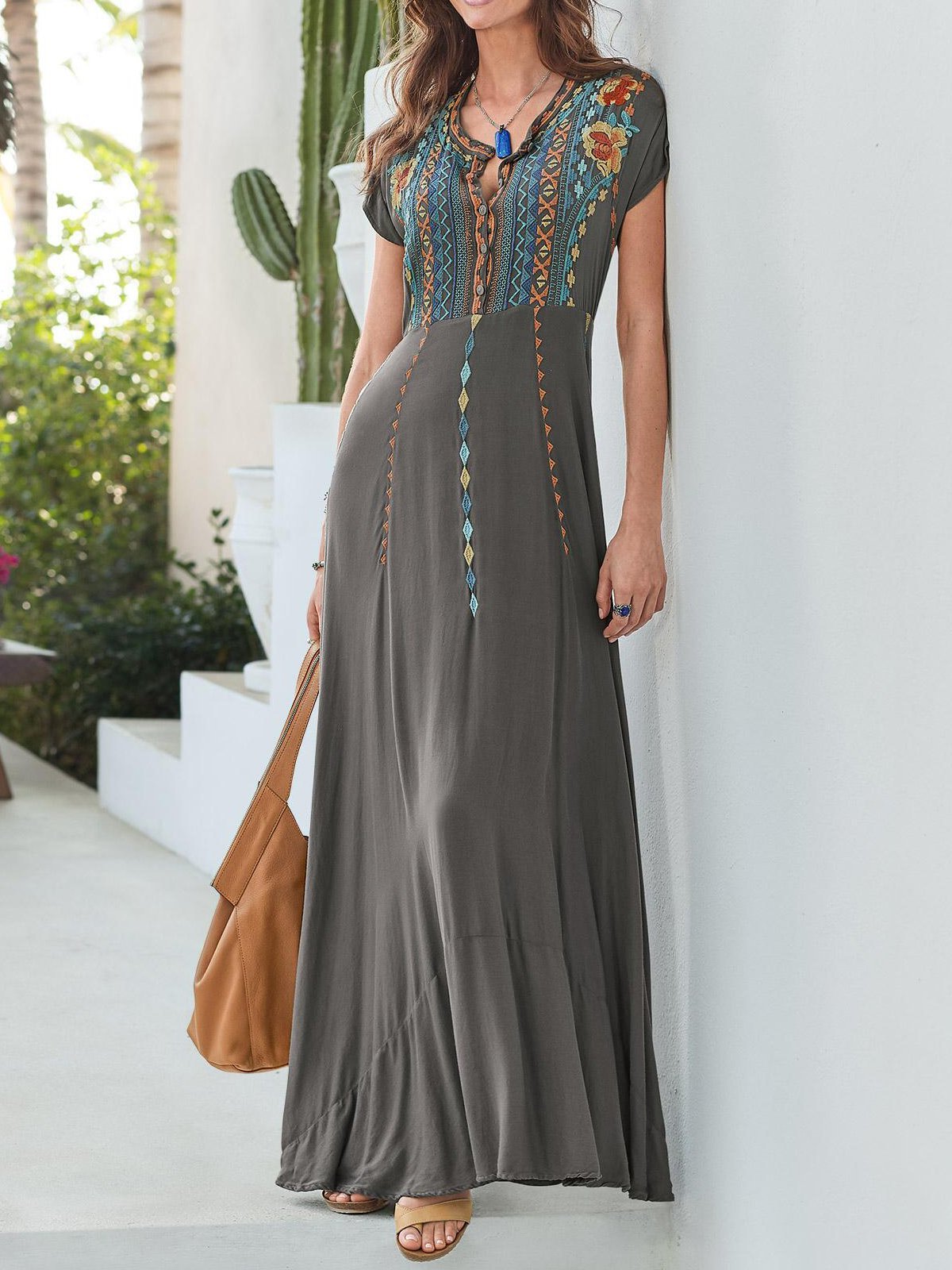 Gray Patchwork Cotton-Blend V Neck Short Sleeve Dresses