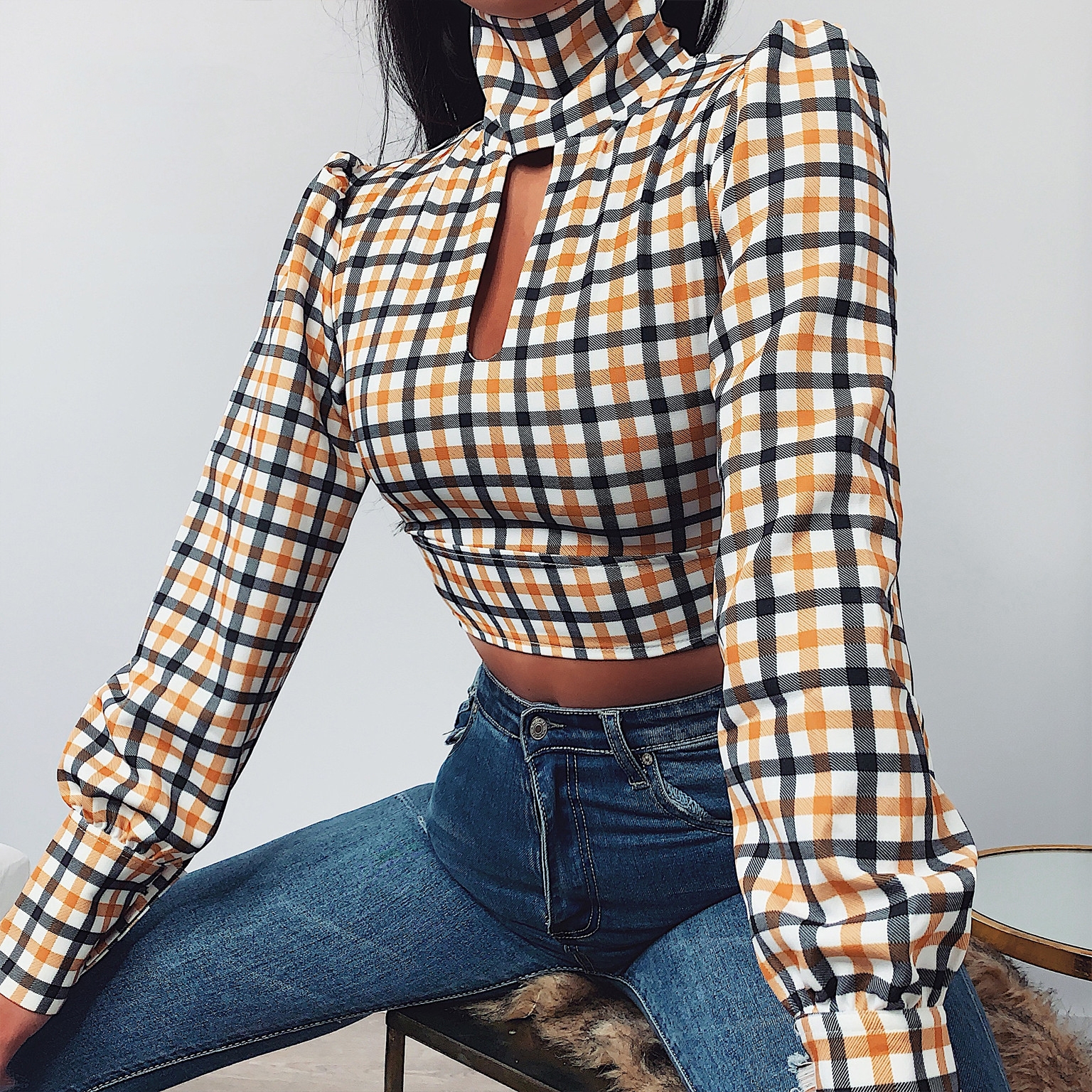 Plaid Print Vintage Crop Top with Sleeves