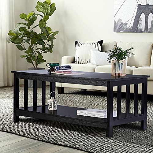 ChooChoo Mission Coffee Table, Black Wood Living Room Table with Shelf / 40 Inches