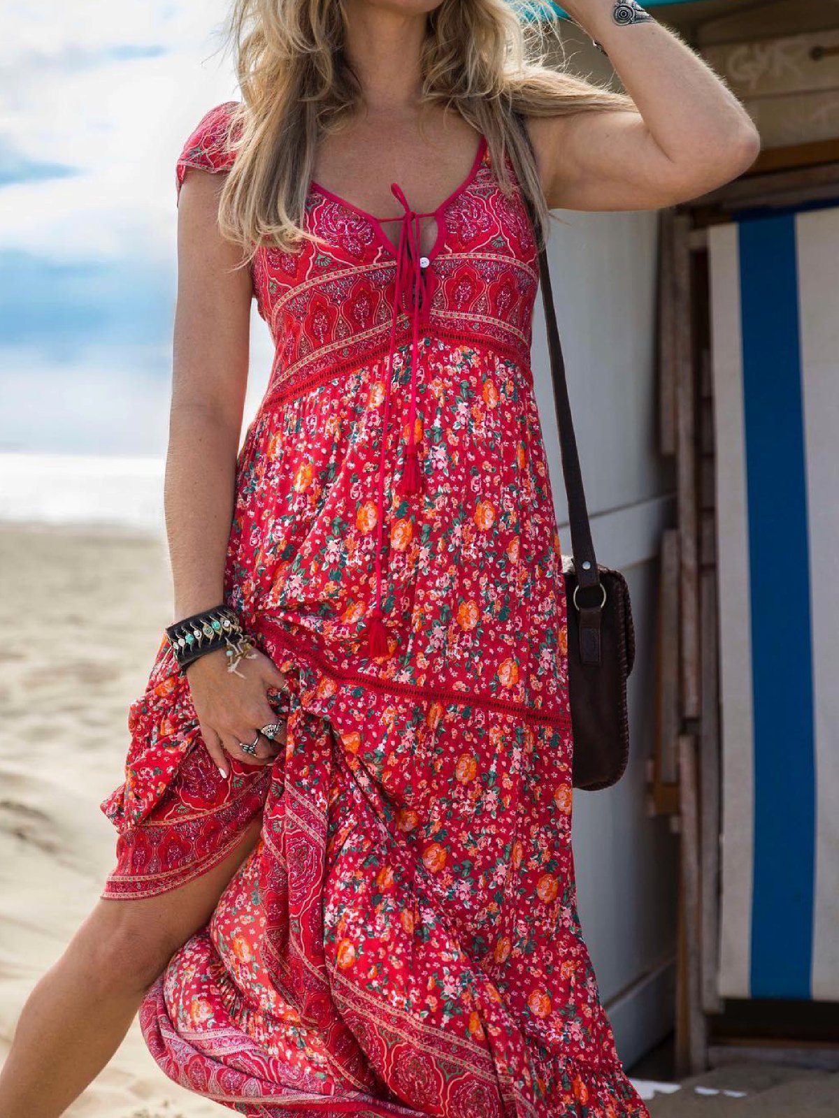 V Neck Boho Floral-Print Dresses