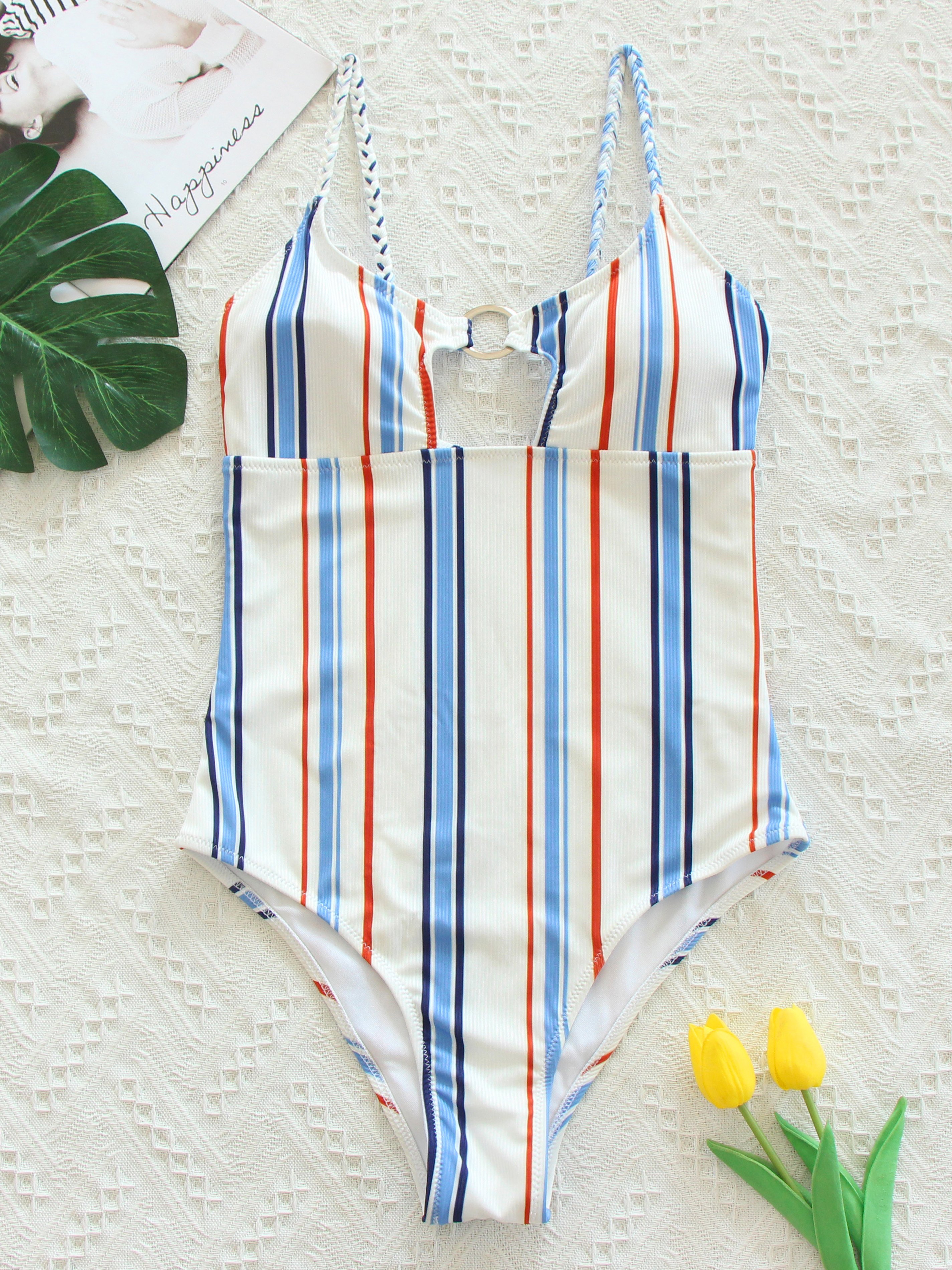 Striped O-ring Decor One-Piece Swimwear