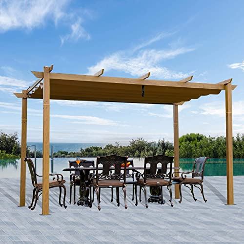 Domi Outdoor Living 10’ X 13’ Outdoor Retractable Pergola Garden Pergola Patio Grill Gazebo with Heavy Duty Grape Trellis Sunshade Cover for Courtyard (Teak Coated)