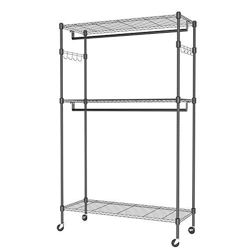 Heavy Duty Garment Rack on Wheels with 2Rod /2Hook-Hold Up to 400Lbs
