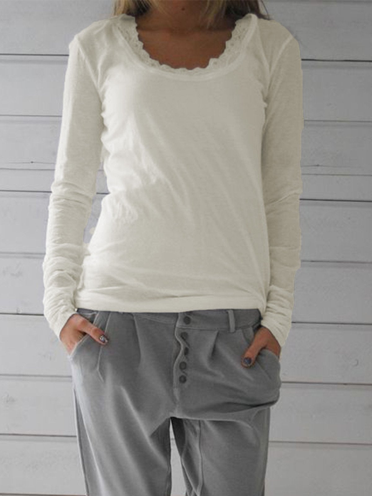 Solid Casual Long Sleeve Lace Shirts & Tops