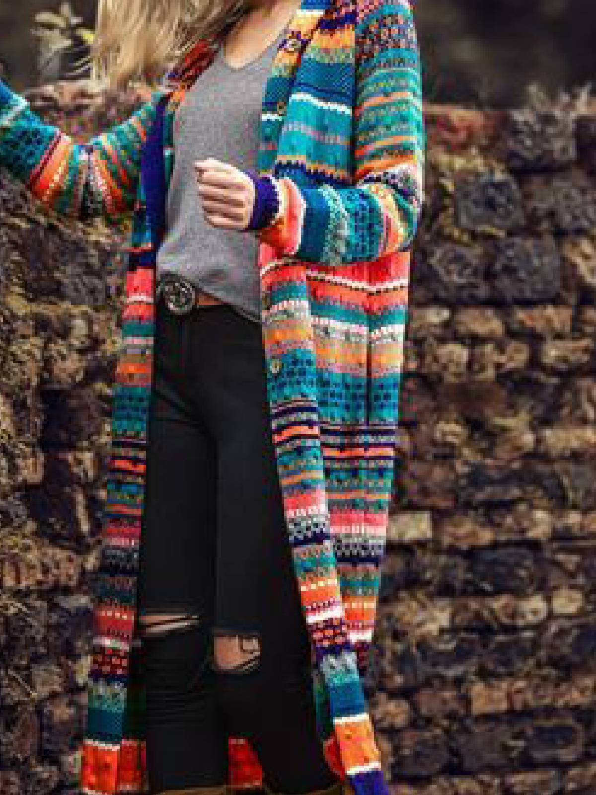 Color-Block Tribal Long Sleeve Boho Cardigan