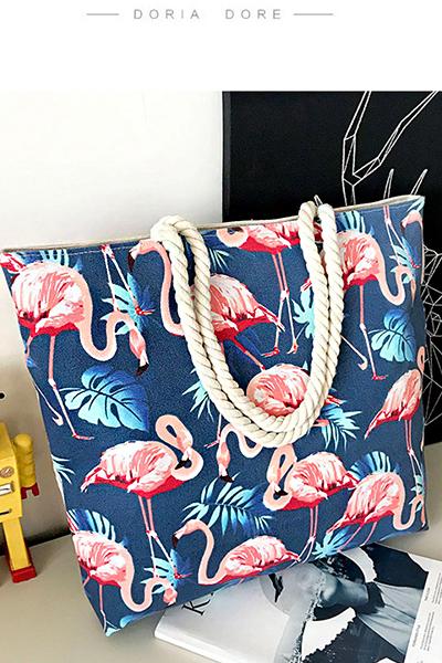 Women's Famingo Print Zipper Casual Canvas Tote Bag