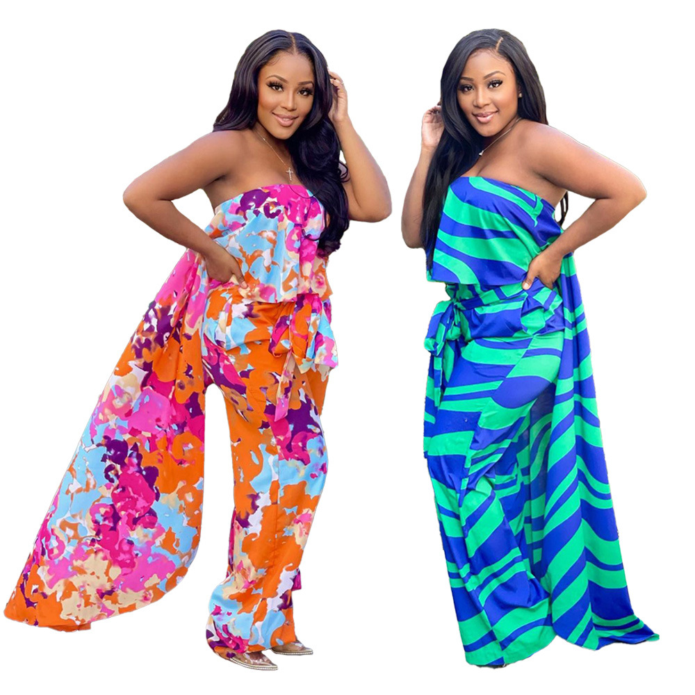 Womens summer colorful print wrap-chest cloak wide-leg jumpsuit RM8924