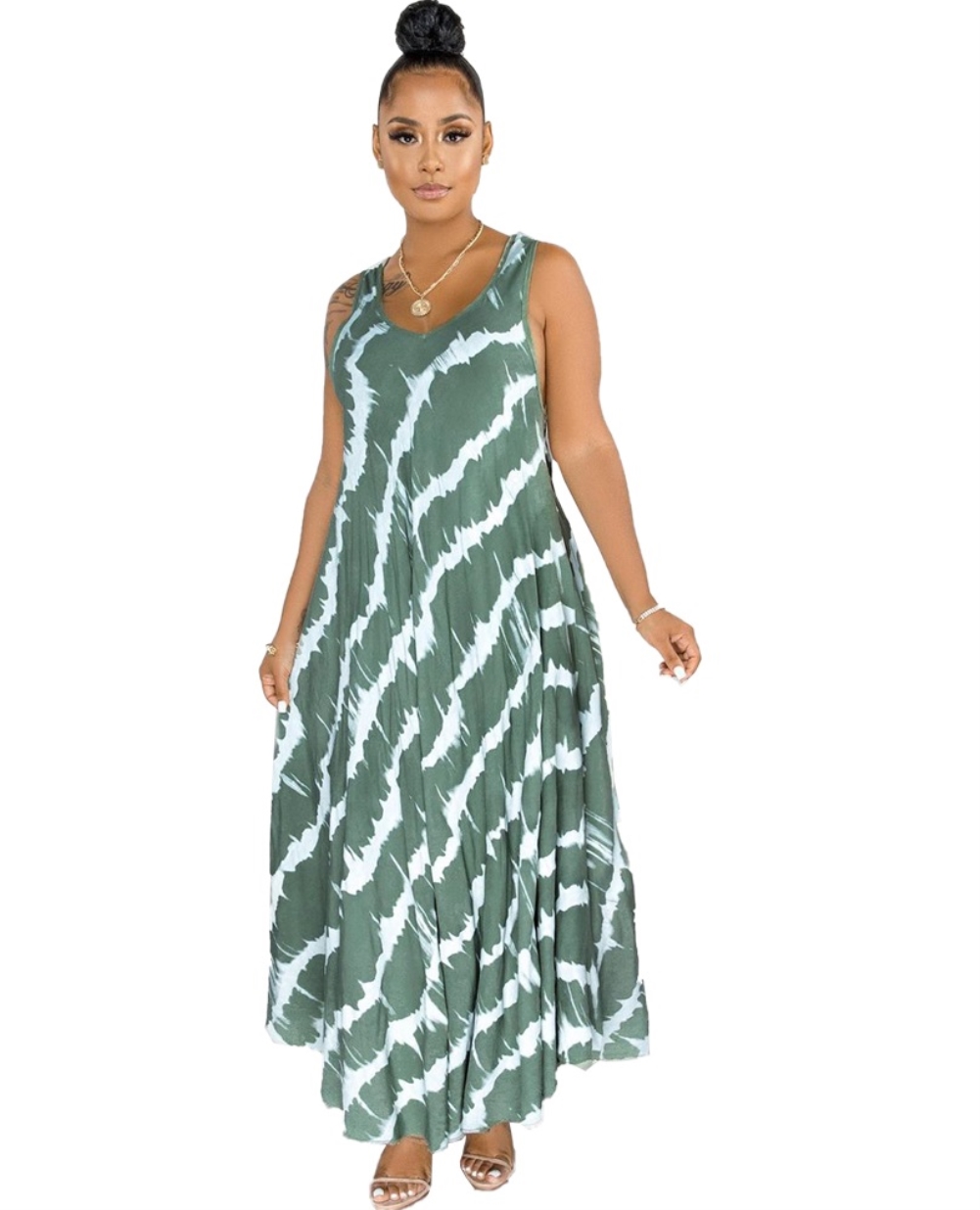 Summer Tie Dye O Neck Sleeveless Long Dress