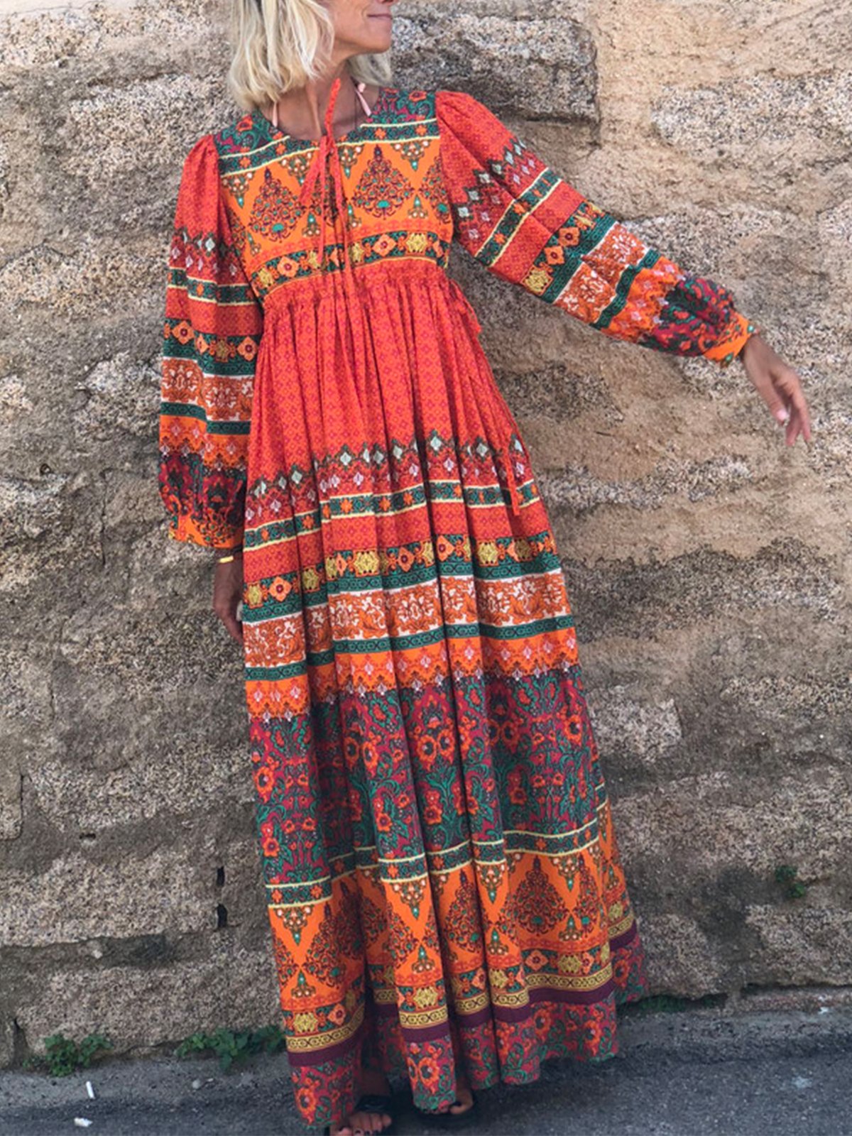 Plus Size Casual Long Sleeve Floral Printed Dresses