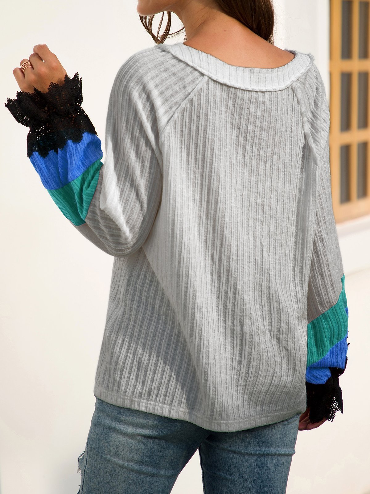 Casual V Neck Long Sleeve Beaded Shift Sweaters