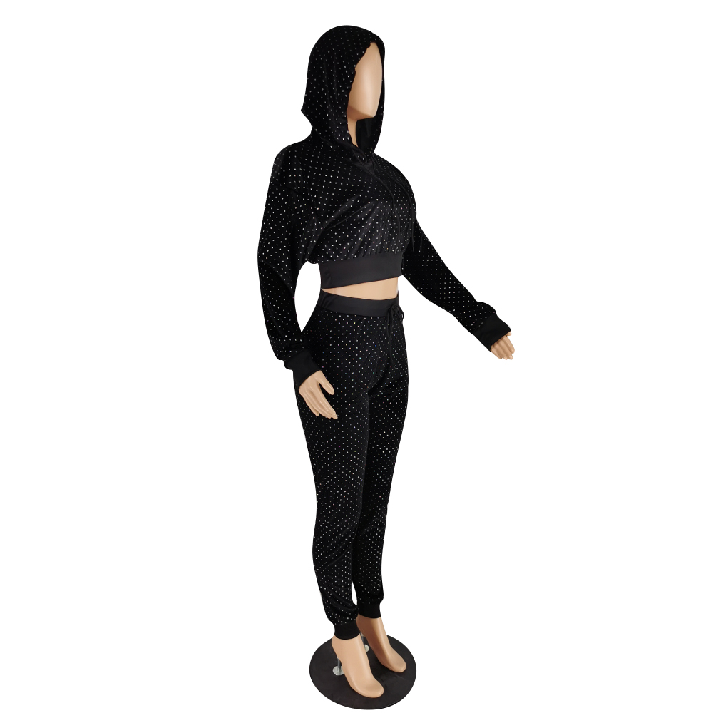 Autumn Sequins Black Crop Top and Pants Hoody Sweatsuit