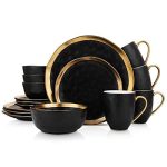 Porcelain 16 Piece Dinnerware Set, Service for 4, Black and Golden