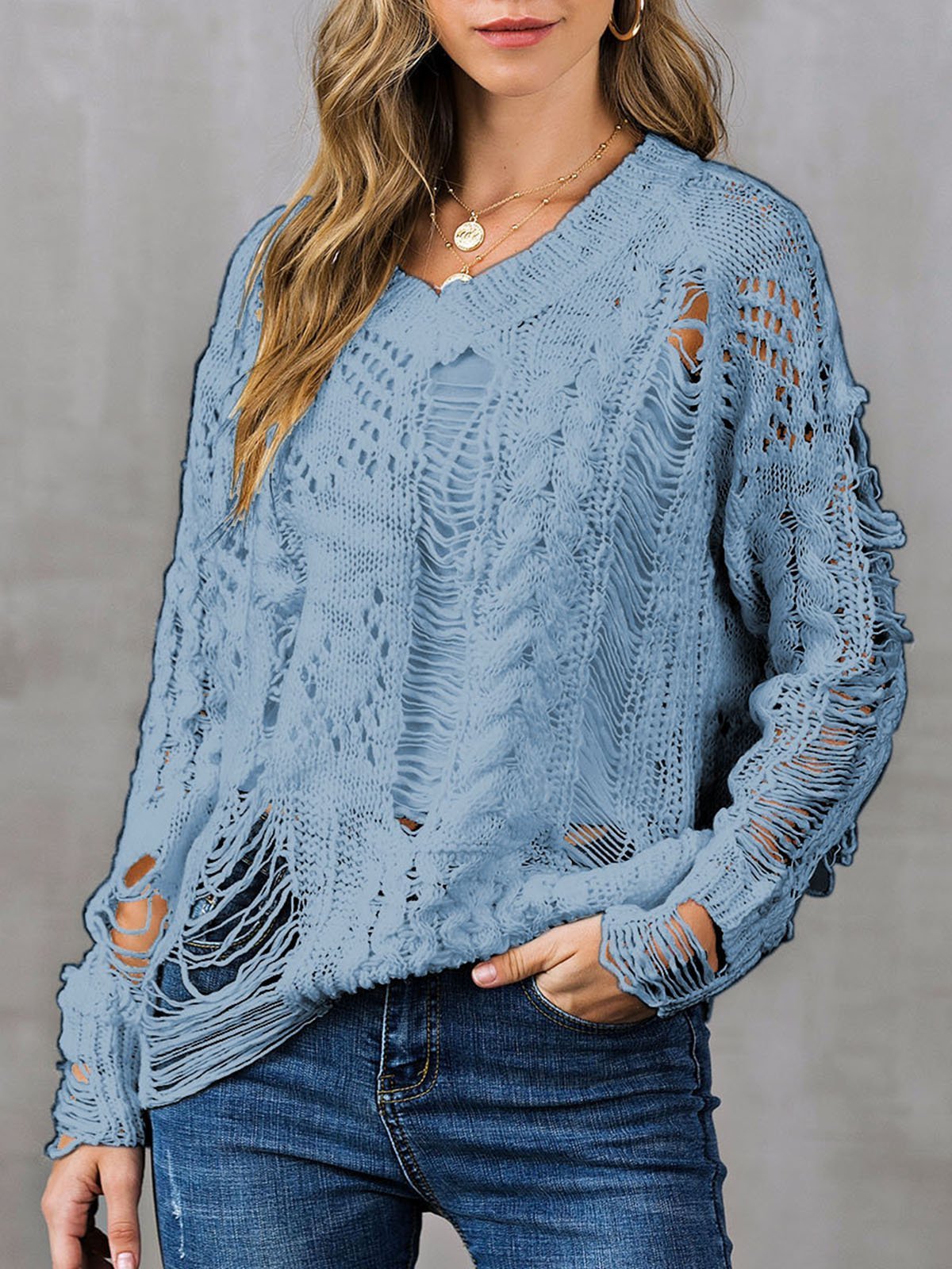 V Neck Casual Long Sleeve Ripped Sweaters