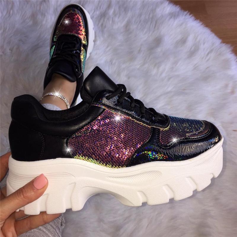 Fashion Paillette Lace-Up Platform Shoes Sneakers