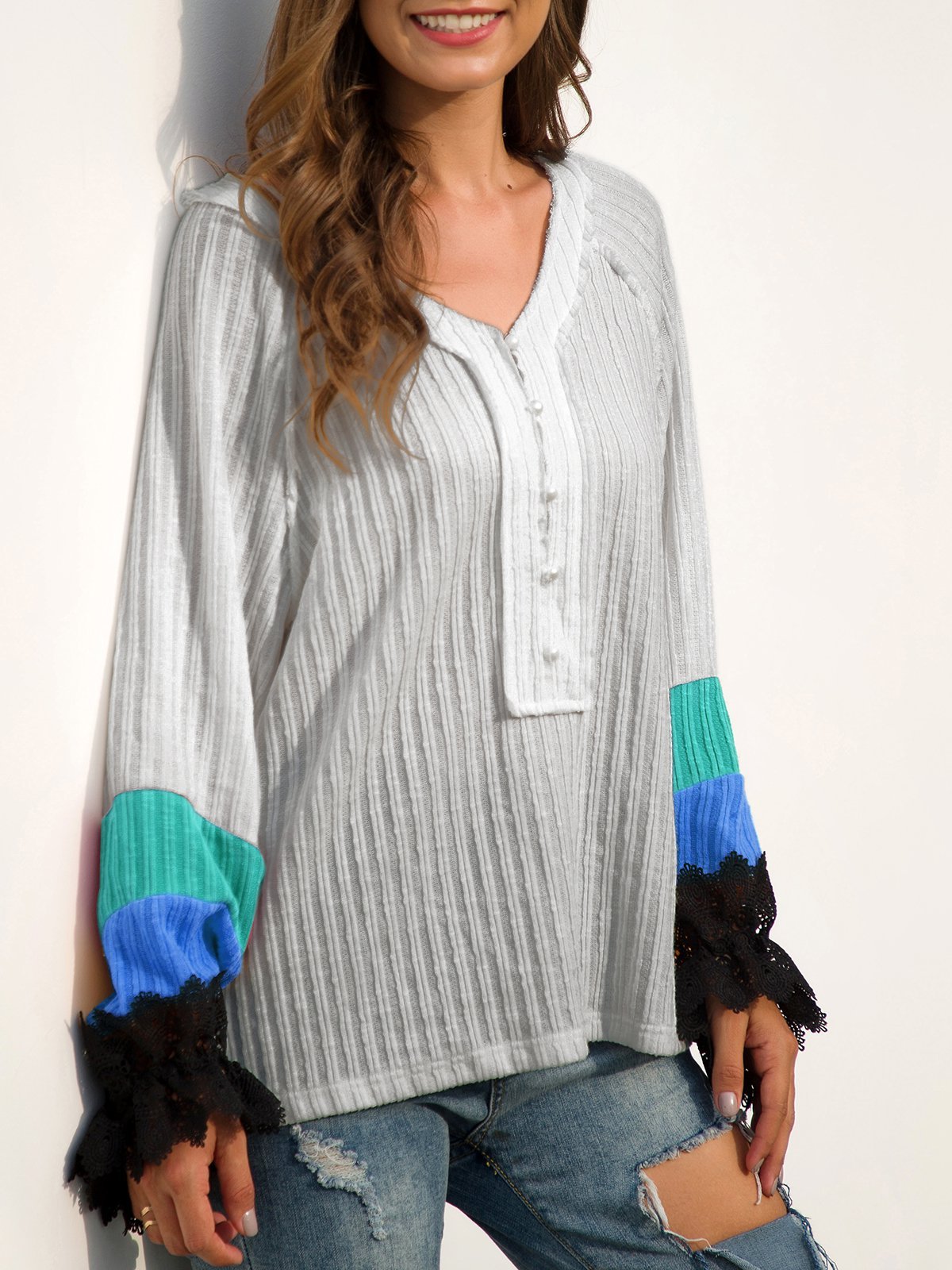 Casual V Neck Long Sleeve Beaded Shift Sweaters