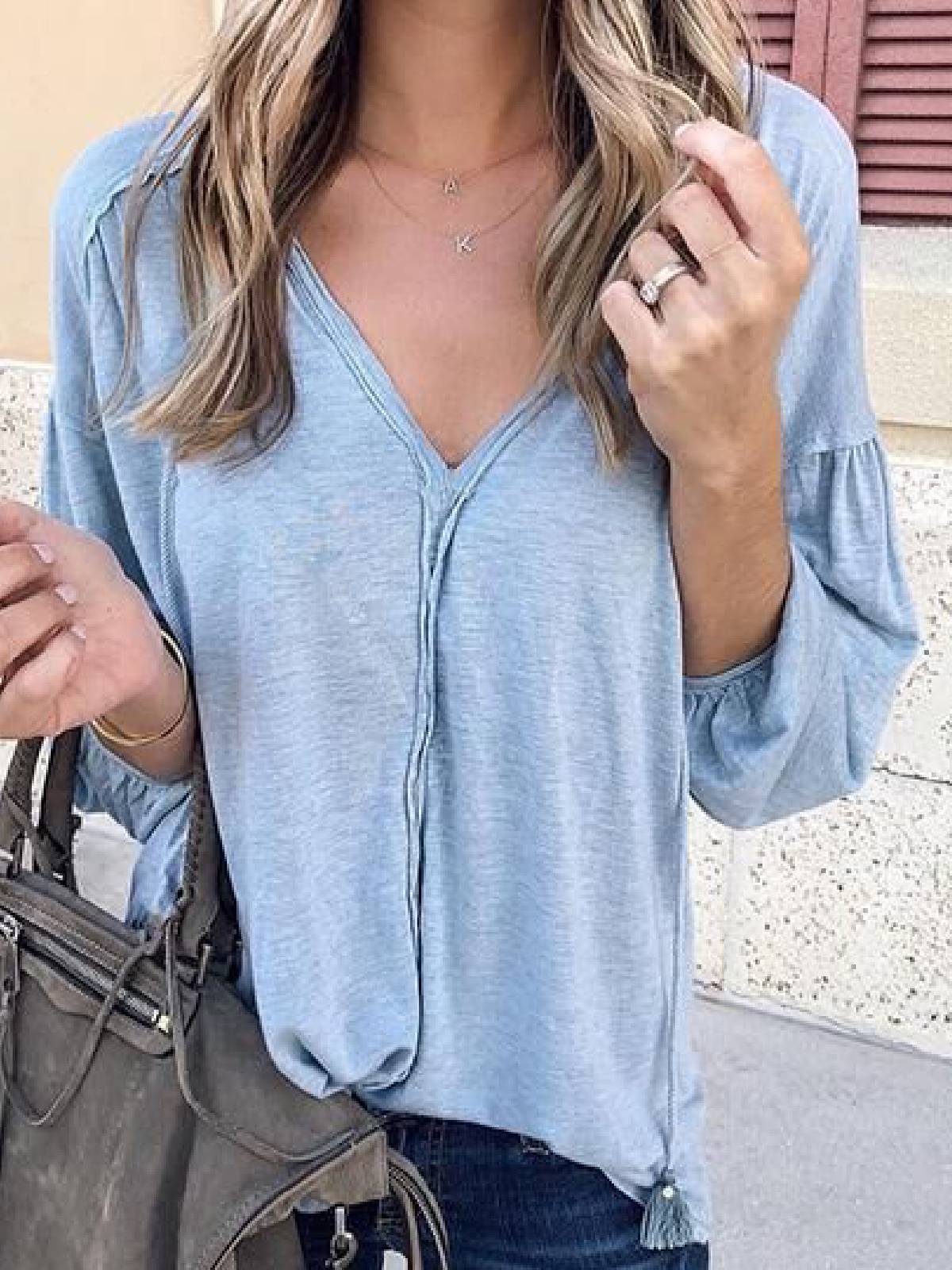 Cotton-Blend V Neck Solid Long Sleeve Shirts & Tops