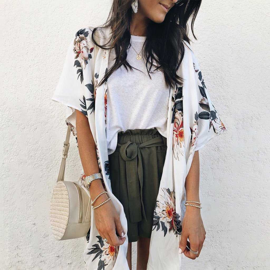 Fashion Casual Short-Sleeved   Printed Long-Sleeve Cardigan Top