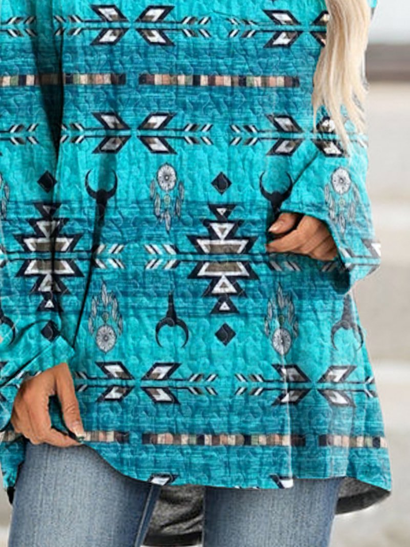 Geometric Shift V Neck Long Sleeve Shirts & Tops