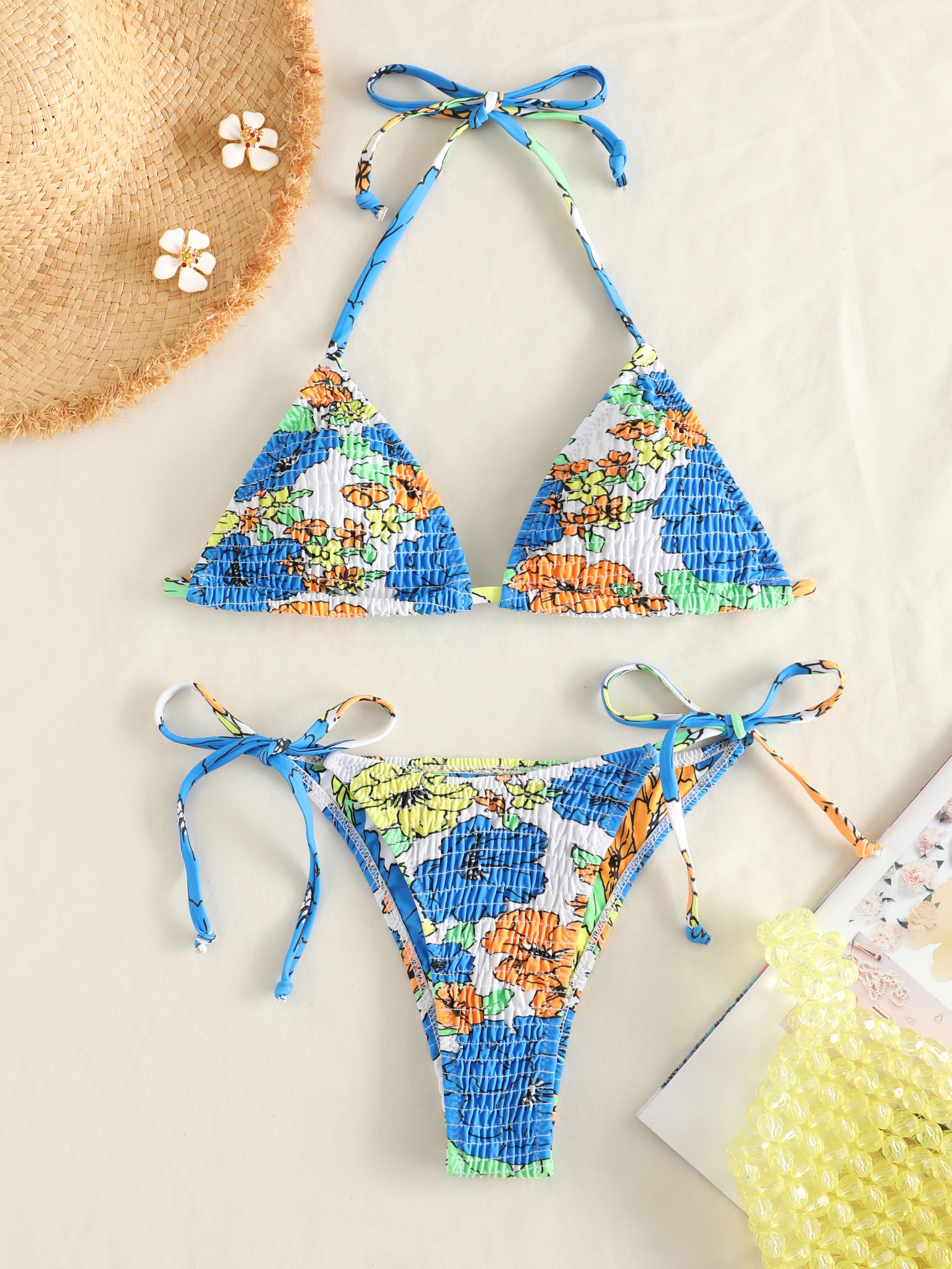Floral Print Smocked Halter String Bikini
