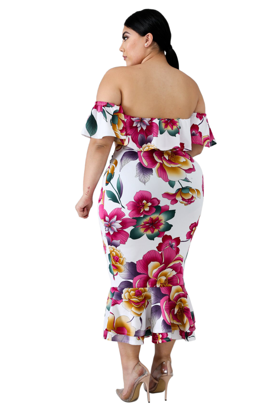 White Off-the-shoulder Floral Mermaid Plus Size Dress