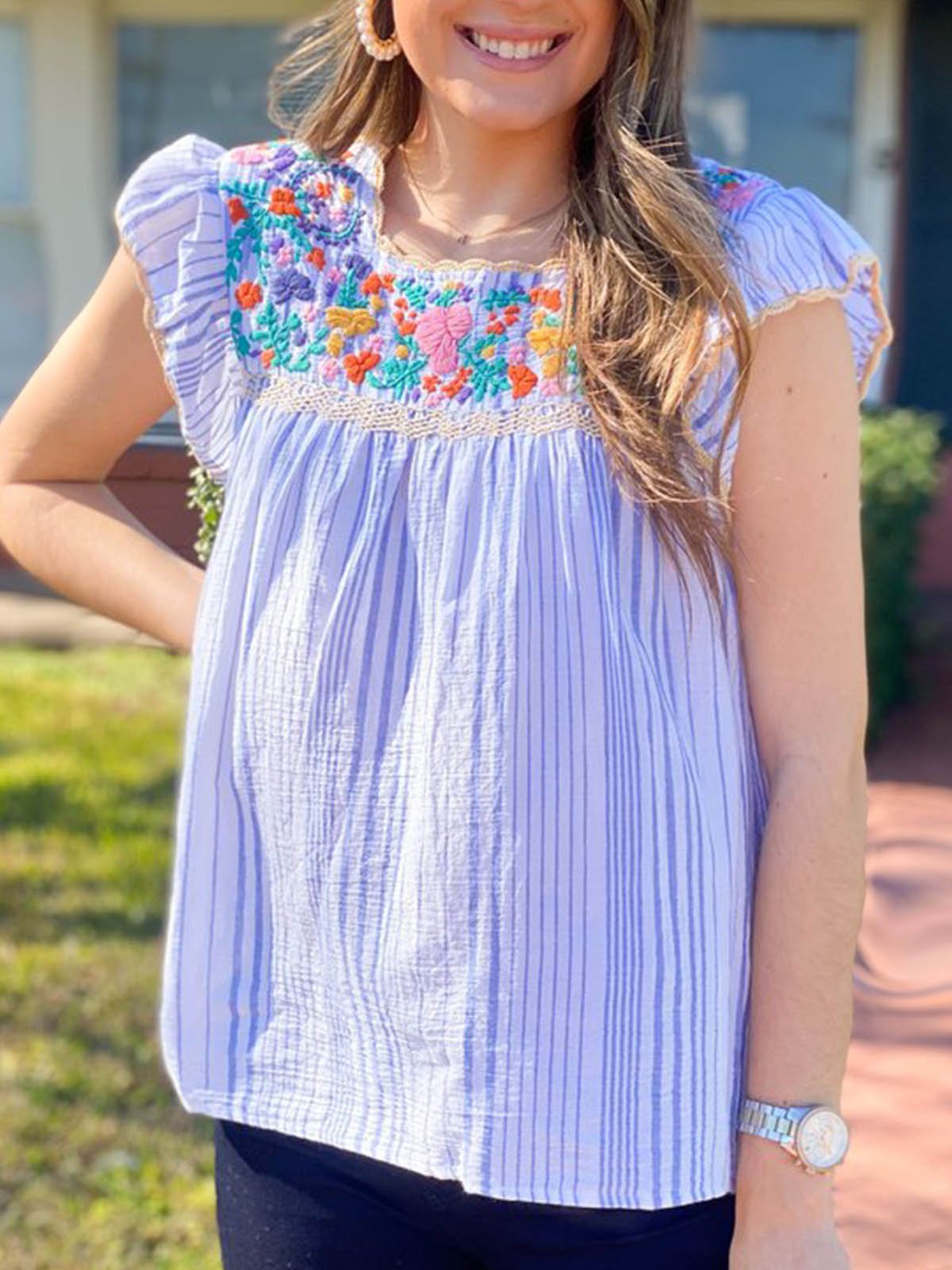 Crew Neck Short Sleeve Stripes Printed Shirts & Tops