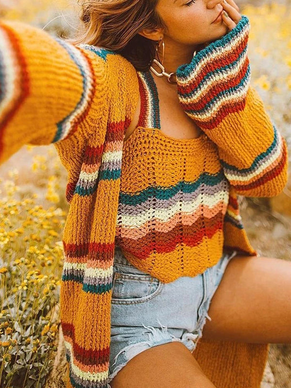 Cute Long Sleeve Printed Color Striped Cardigan