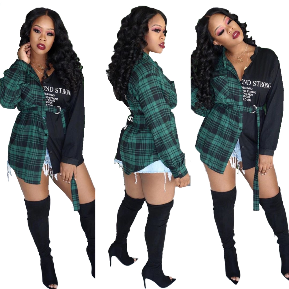 Autumn Black and Green Plaid Blouse with Belt