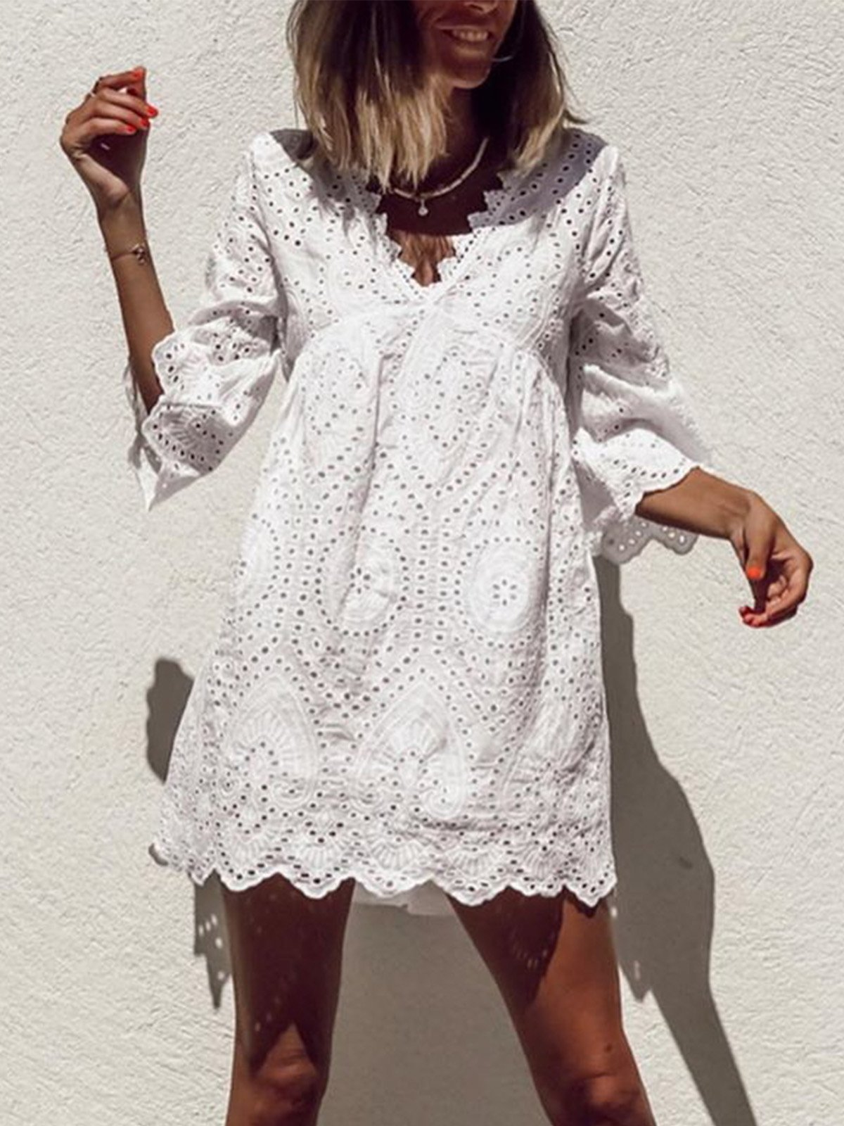 Plus Size Casual V Neck 3/4 Sleeve Dresses