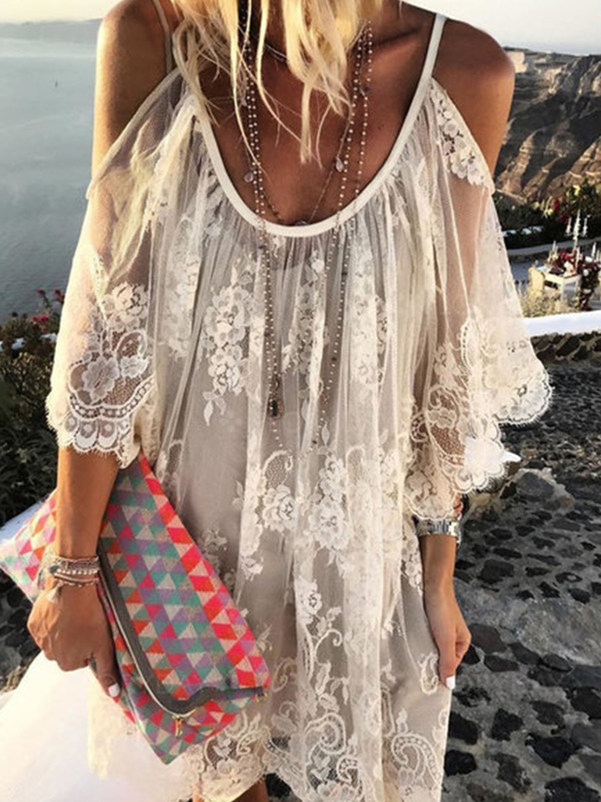 Off Shoulder Lace Embroidered Skater Shift Dresses