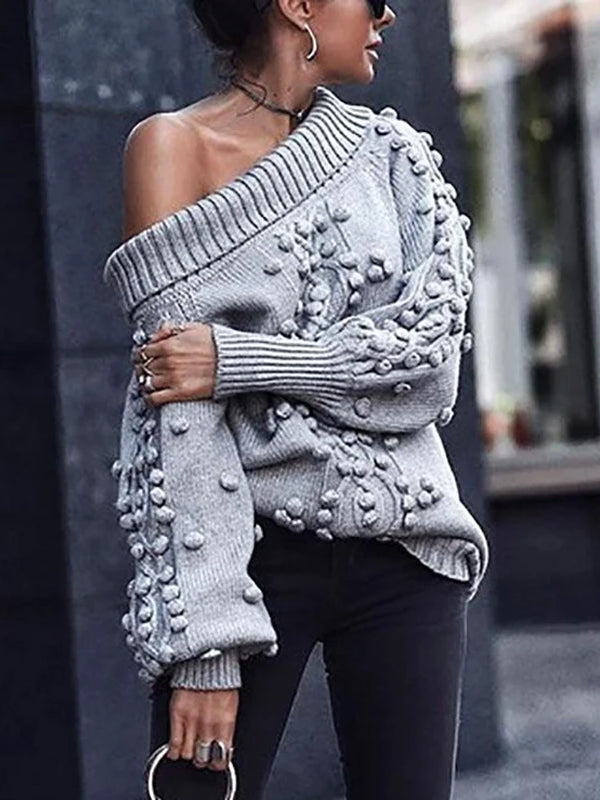 Women's Casual Pure Color Long Sleeve Single Off-Shoulder Sweater